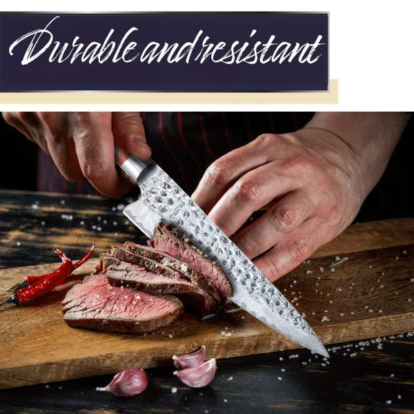 Chef slicing steak with premium knife.