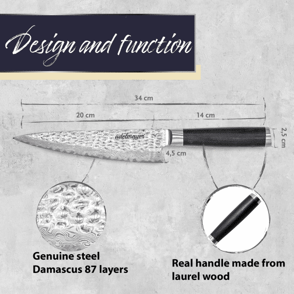 Damascus steel knife with laurel wood handle.