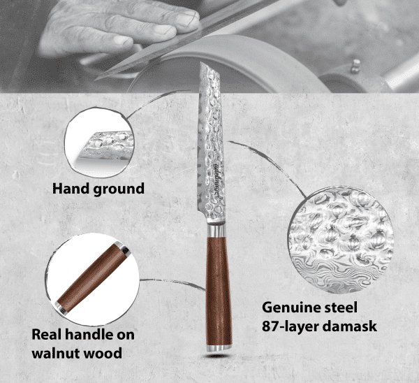 Damascus steel knife with walnut wood handle details.