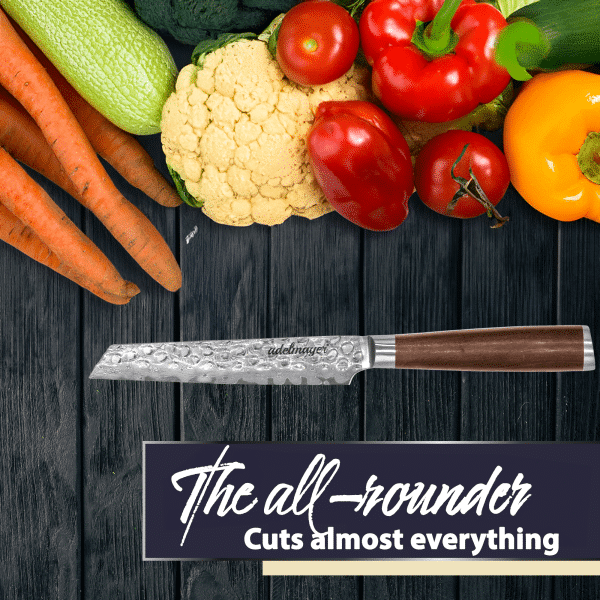 Versatile knife with fresh vegetables on wooden background.