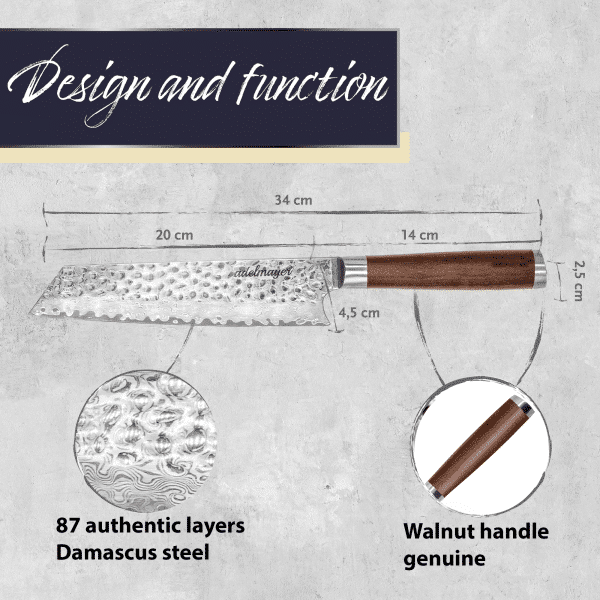 Damascus steel knife with walnut handle design.