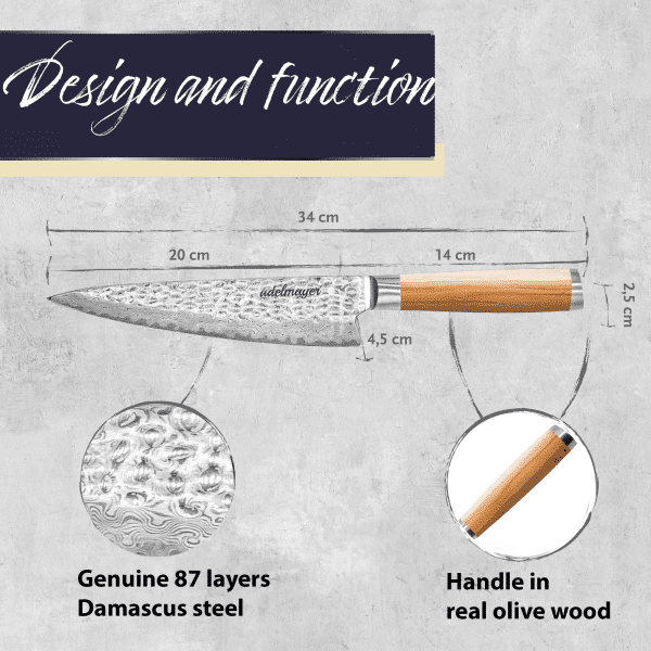 Damascus steel knife with olive wood handle details.